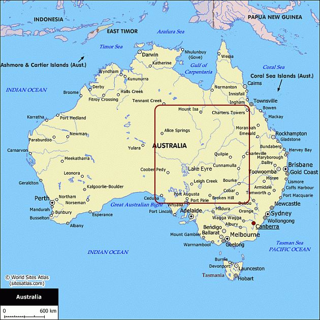 This is a map of Australia showing all major towns and cities.