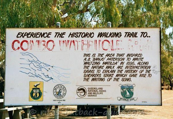 Sign that invites to experience the history of Waltzing Matilda along the walk to combo waterhole